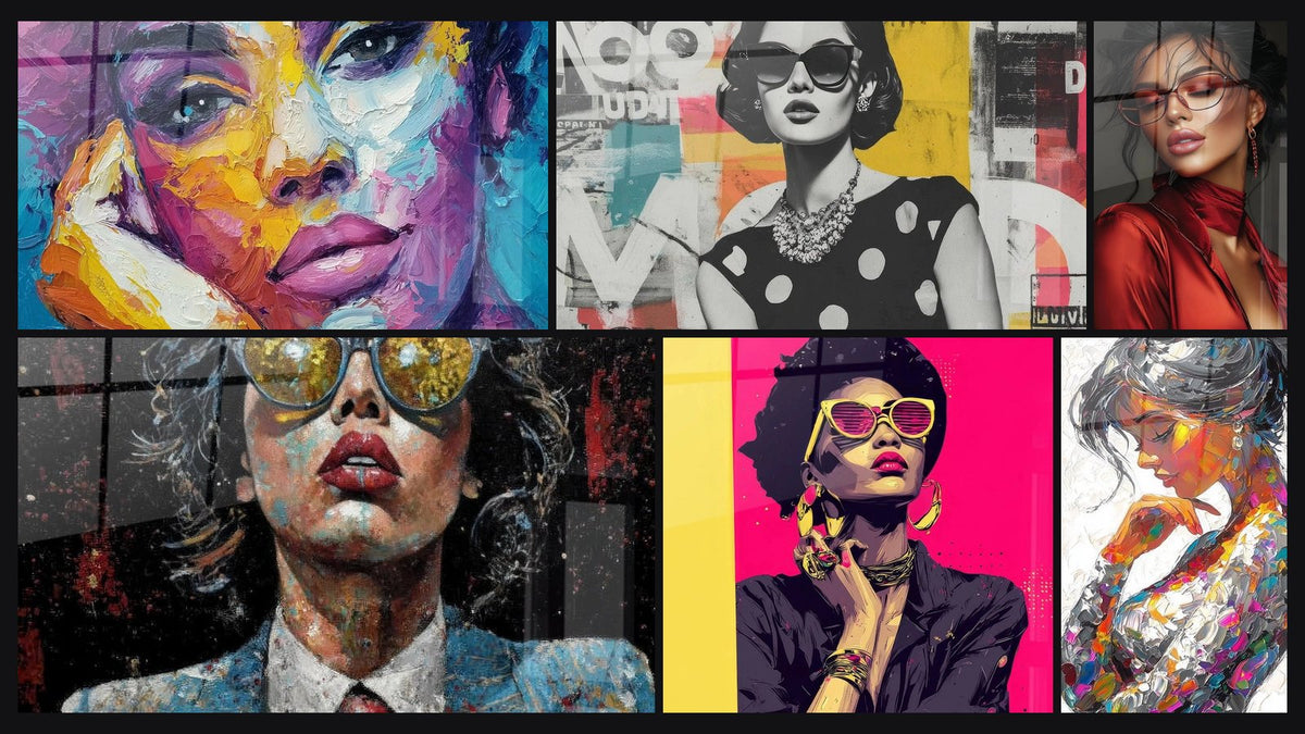 Mosaïque de six tableaux, dont Portrait Femme, Femme Contemporaine et Femme Vintage
