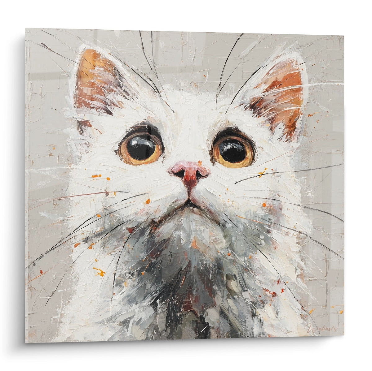 Tableau artistique chat blanc aux yeux dores style peinture expressionniste American Bobtail decoration murale