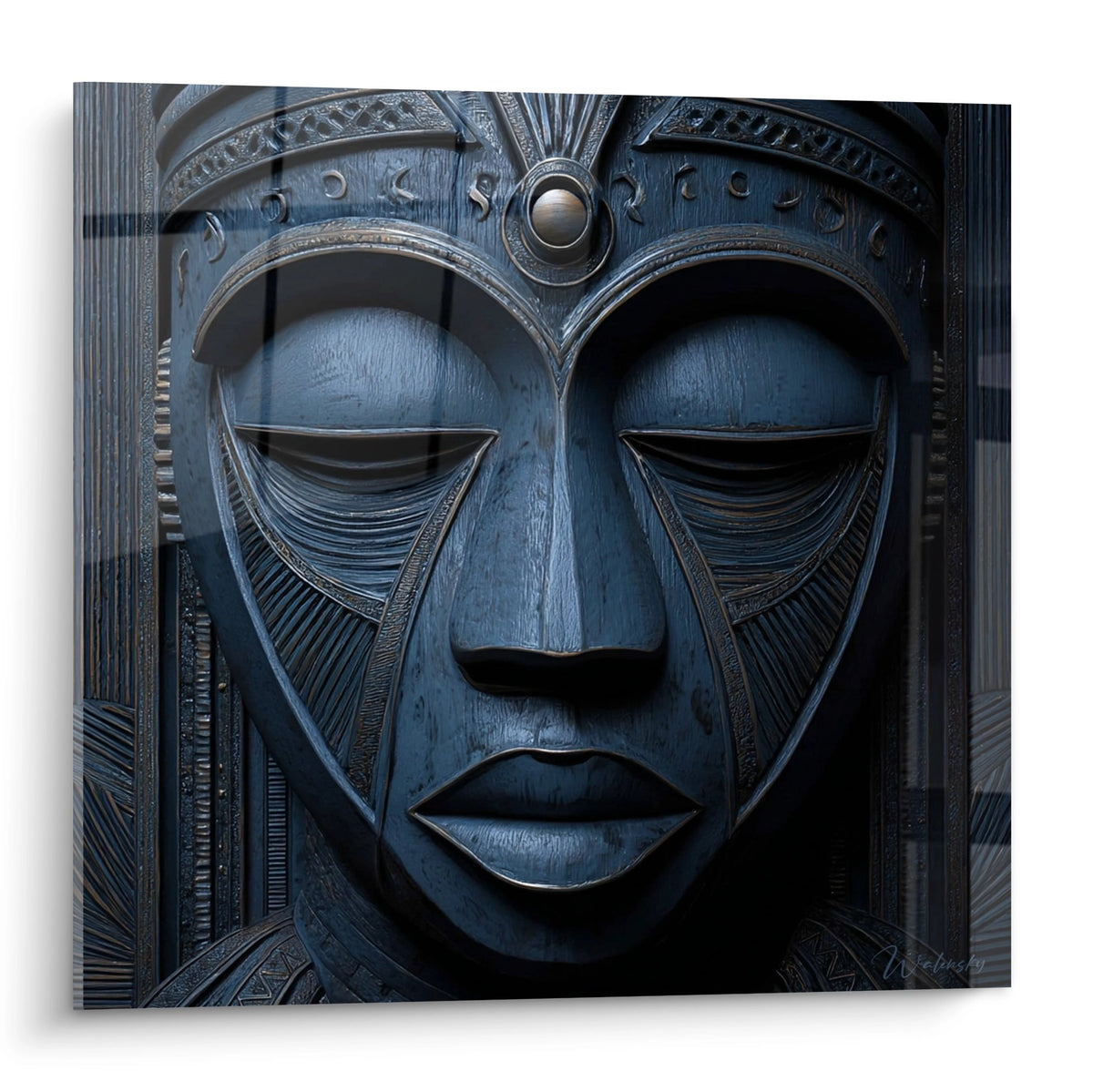 Tableau masque africain bleu aux yeux fermés avec motifs géométriques sculptés et parure frontale ornementée