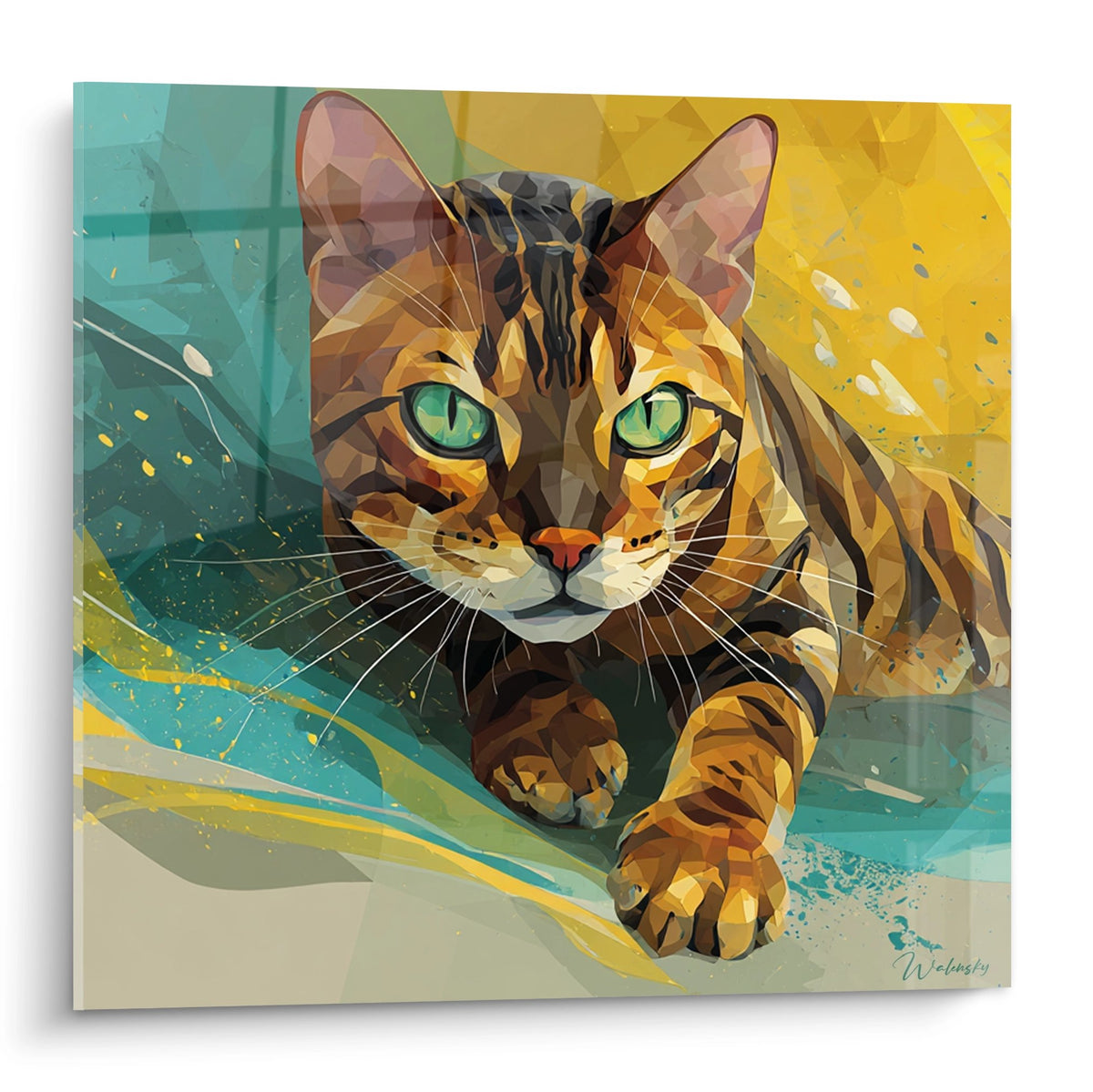 Tableau artistique chat Toyger aux yeux verts emeraude, style moderne polygonal, palette turquoise et doree