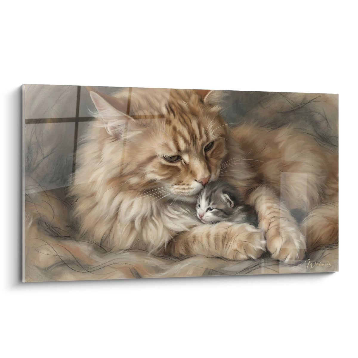 Tableau artistique Maine Coon mere rousse protectrice avec son petit chaton art mural felin decoration