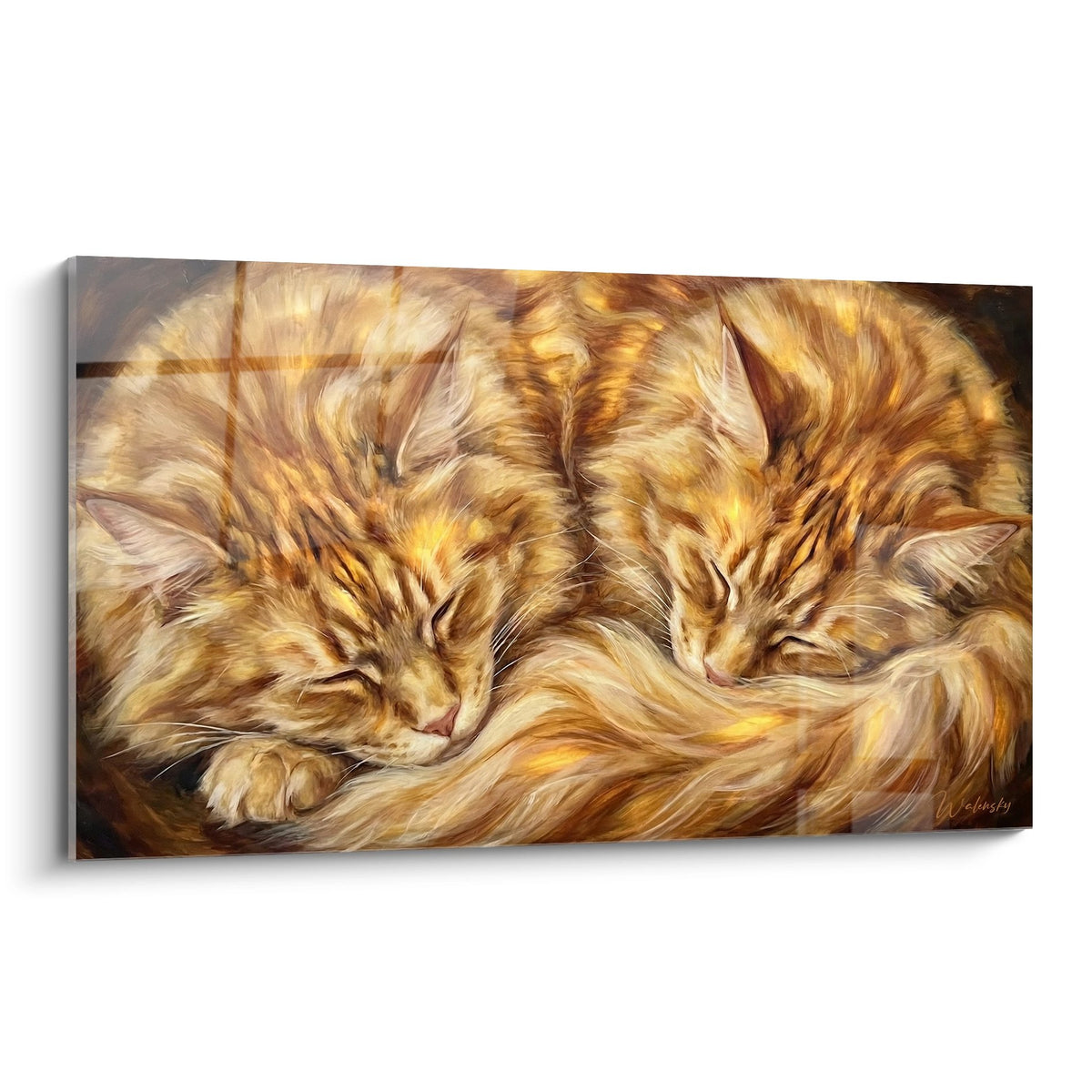 Tableau artistique de deux chats Maine Coon roux endormis blottis ensemble aux tons dorés sur toile