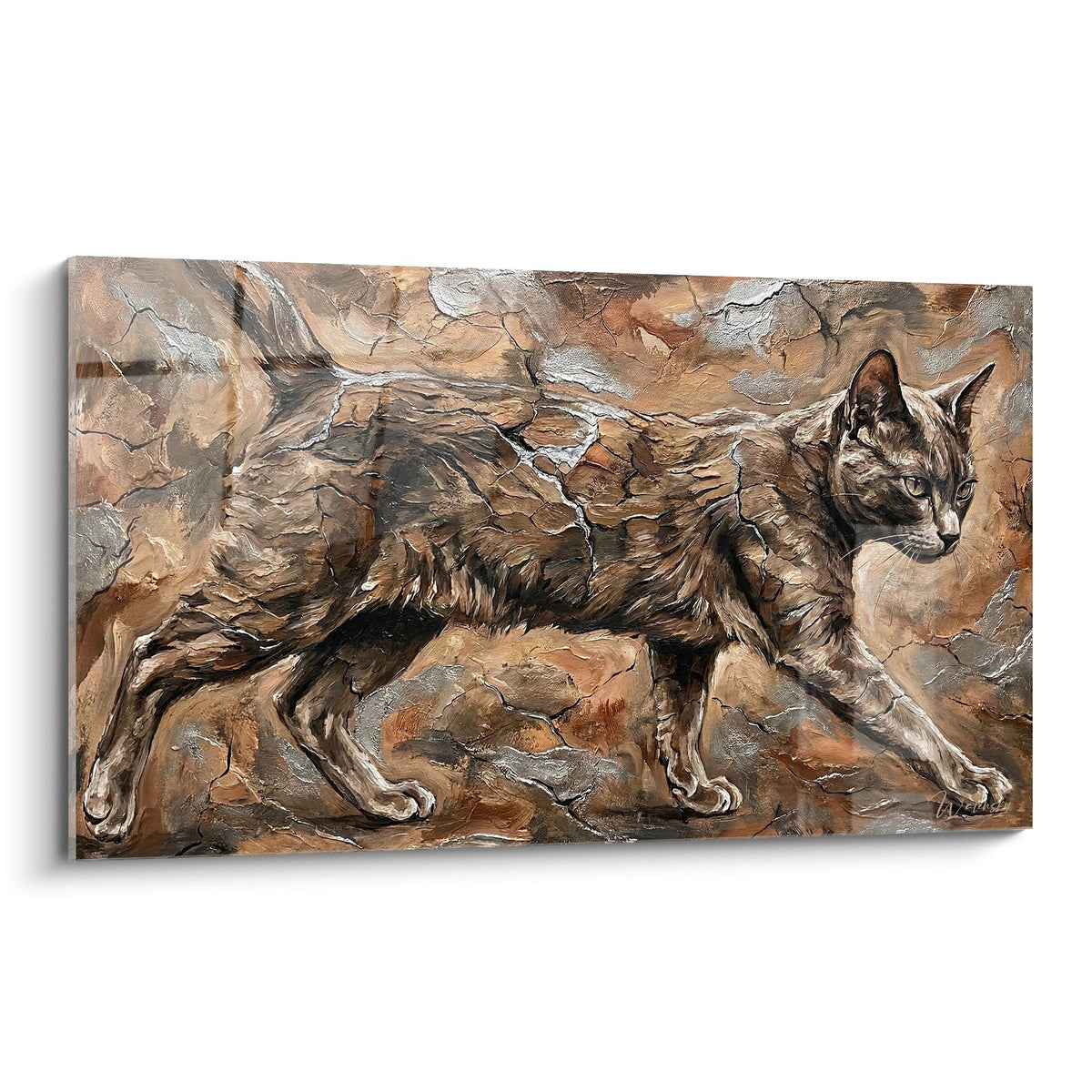 Tableau mural représentant un chat sauvage aux tons bruns camouflé sur des rochers, art félin réaliste