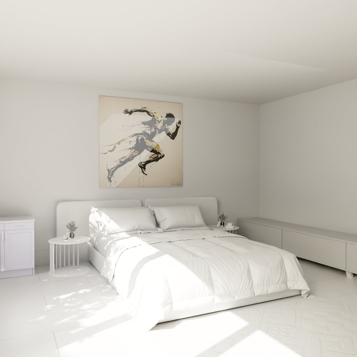 Tableau coureur sprint accroche dans une chambre moderne avec decoration minimaliste tons neutres