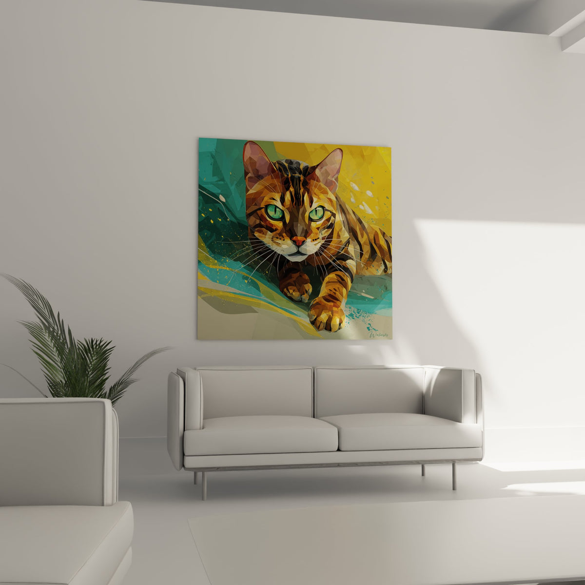 Gros plan tableau chat Toyger, technique artistique polygonale, regard intense yeux verts, rayures dorees