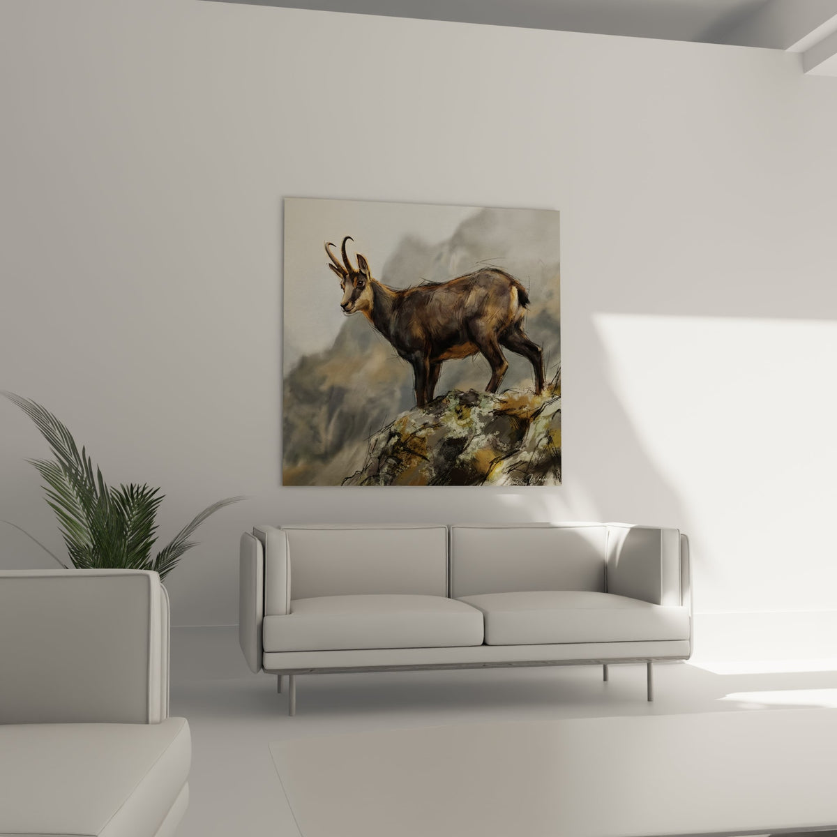 Détail gros plan chamois Pyrénées peinture, texture pelage brun et cornes recourbées art animalier réaliste