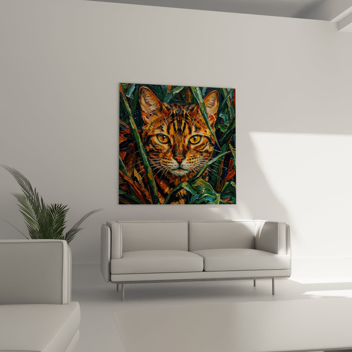 Gros plan sur les yeux dorés expressifs du chat Bengal dans ce tableau aux couleurs vives et contrastées
