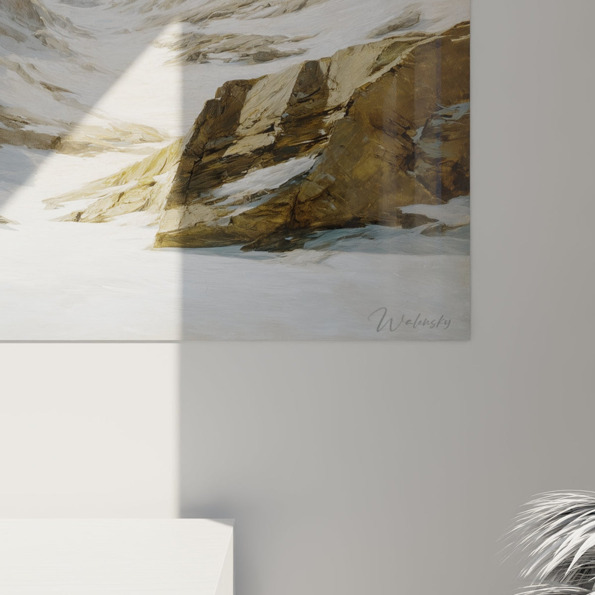 Vue ensemble tableau montagne enneigée dans salon, décoration murale nature Pyrénées style contemporain