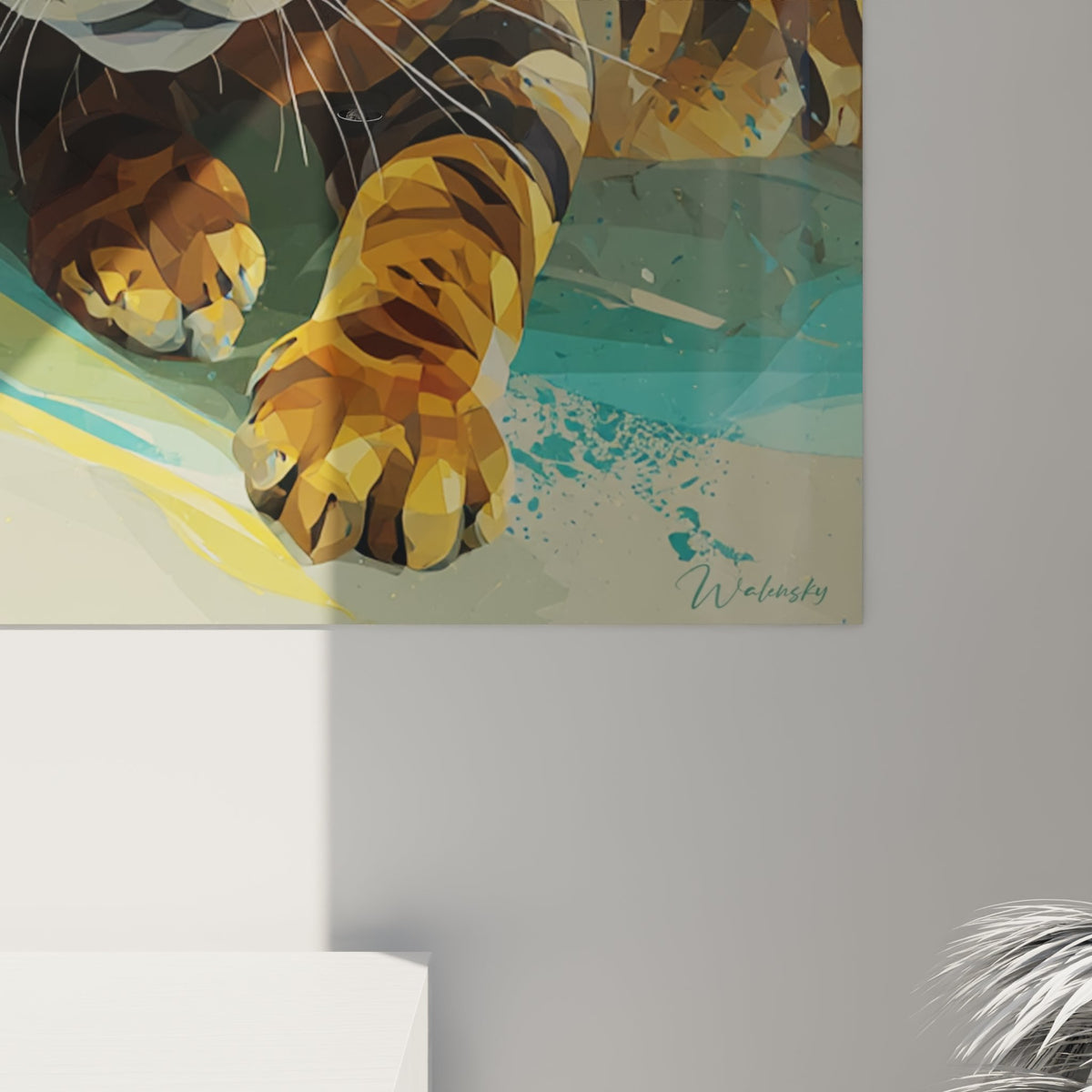 Vue ensemble tableau mural chat Toyger, art contemporain felin, palette coloree turquoise orange, style low-poly