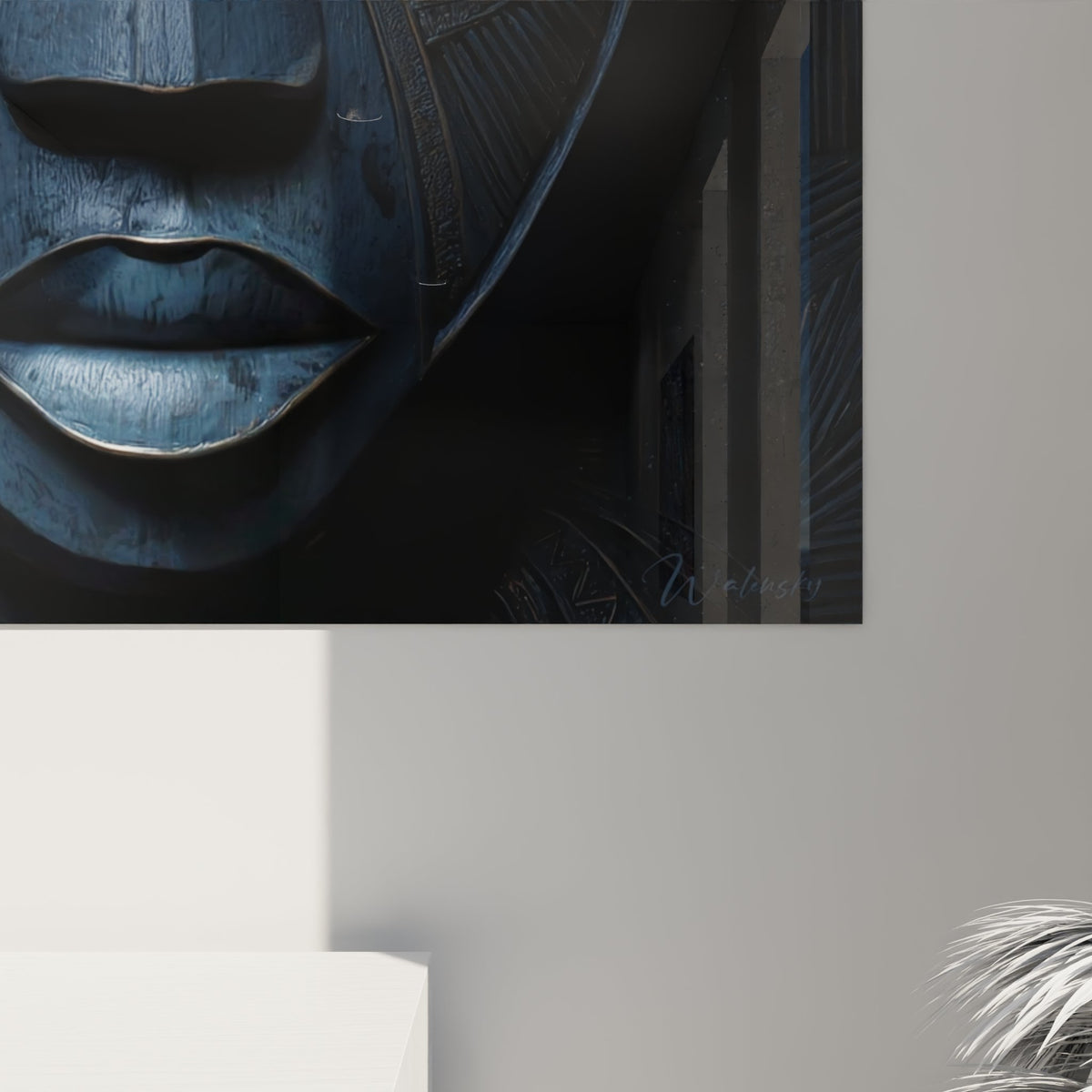 Vue d'ensemble tableau masque africain bleu, œuvre d'art tribal contemporain pour décoration murale