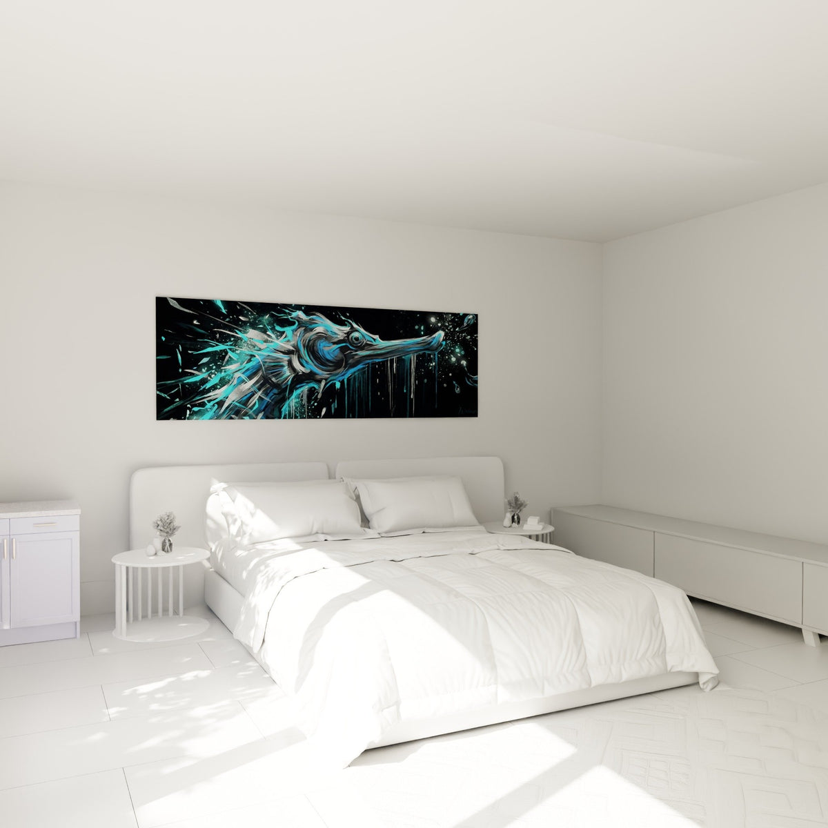 deco chambre tableau hippocampe bleu turquoise au dessus lit ambiance marine moderne