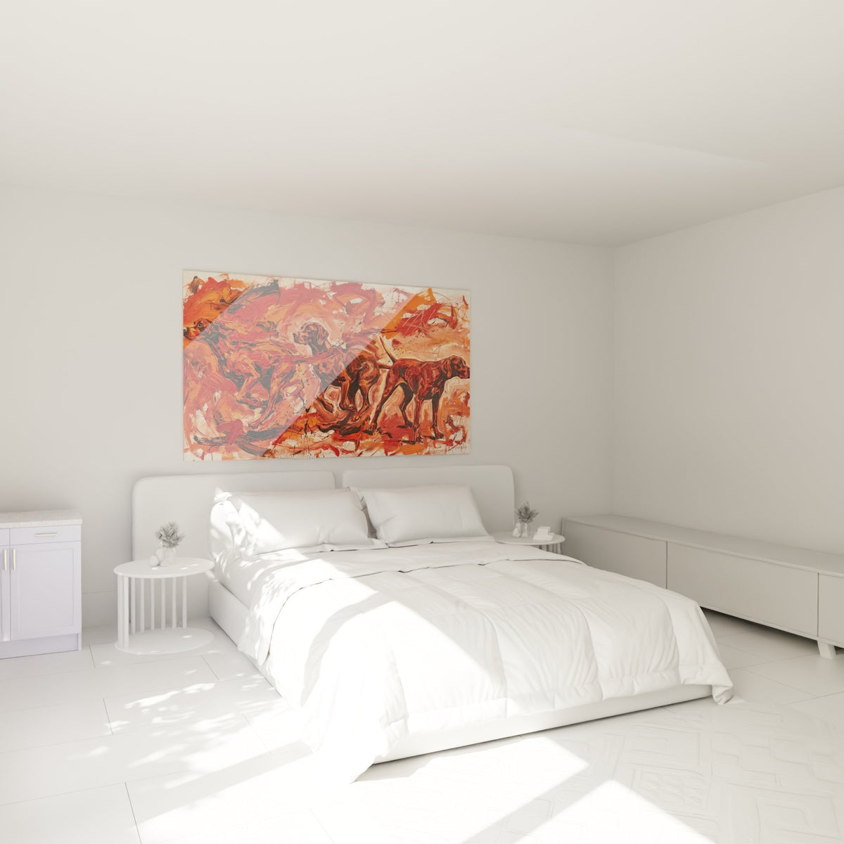 Decoration chambre tableau chiens Pointer Anglais palette rouge orange art contemporain mural
