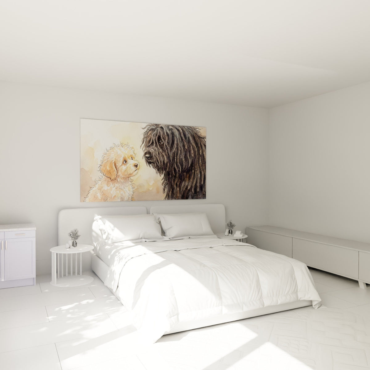 Décoration chambre avec tableau de deux chiens Puli aux pelages opposés dans ambiance douce et apaisante
