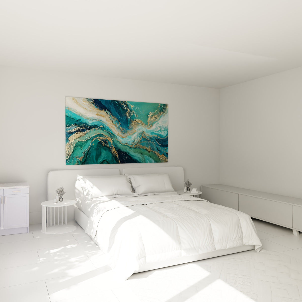 Décoration chambre avec tableau marbre abstrait turquoise doré créant ambiance apaisante et sophistiquée