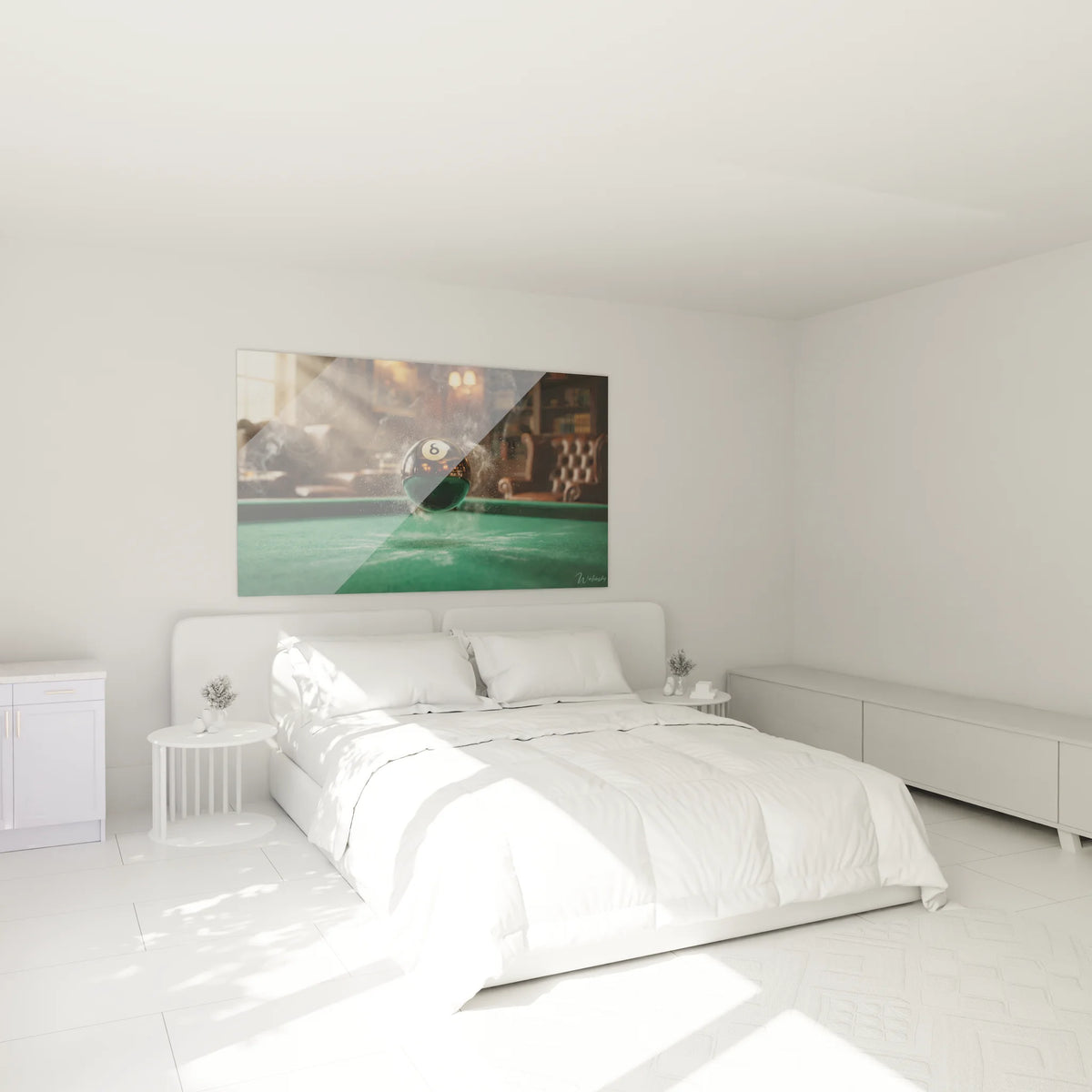 Décoration murale billard boule 8 aquatique dans ambiance chambre contemporaine