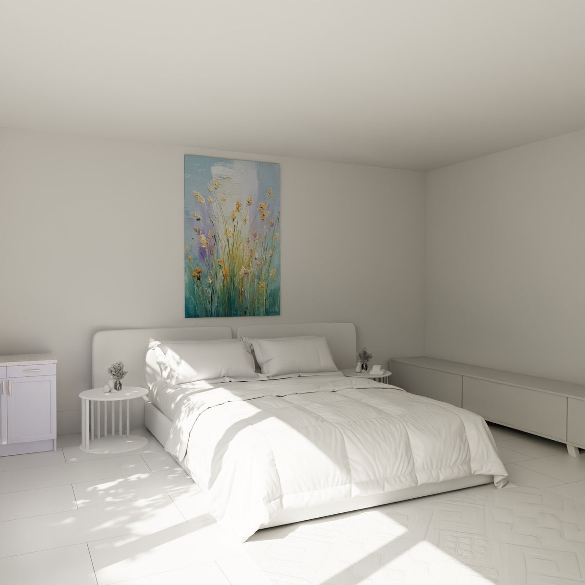 Décoration murale graminées dorées dans chambre moderne, tableau nature bleu pastel au-dessus du lit