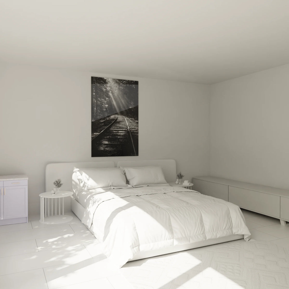 Décoration murale chambre tableau paysage noir blanc chemin de fer forestier ambiance moderne