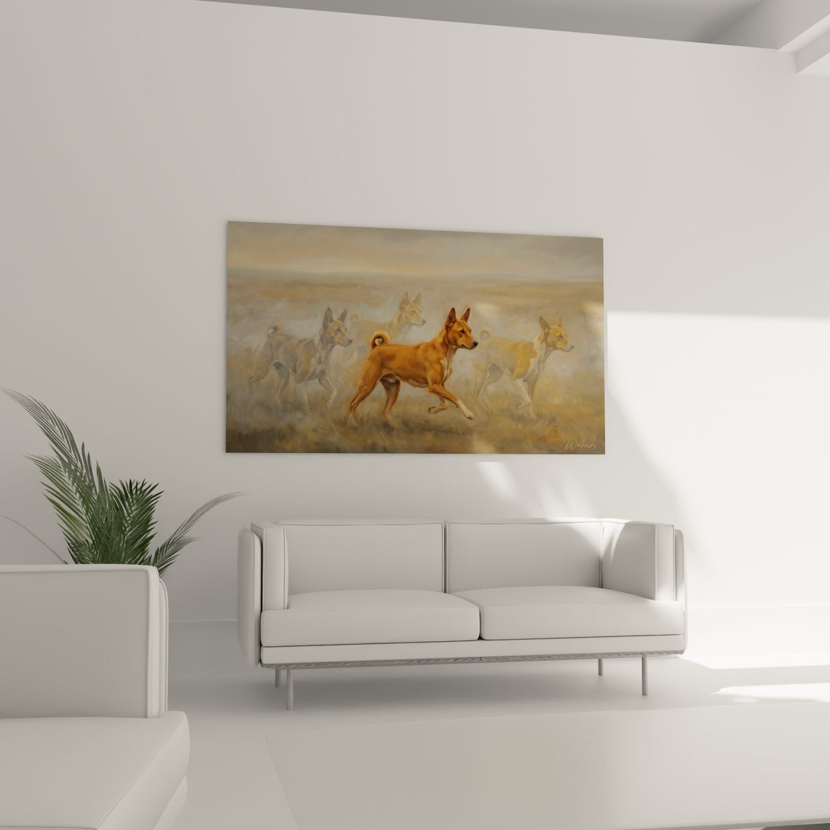 Detail tableau basenji roux premier plan technique picturale flou artistique nuances cuivrees