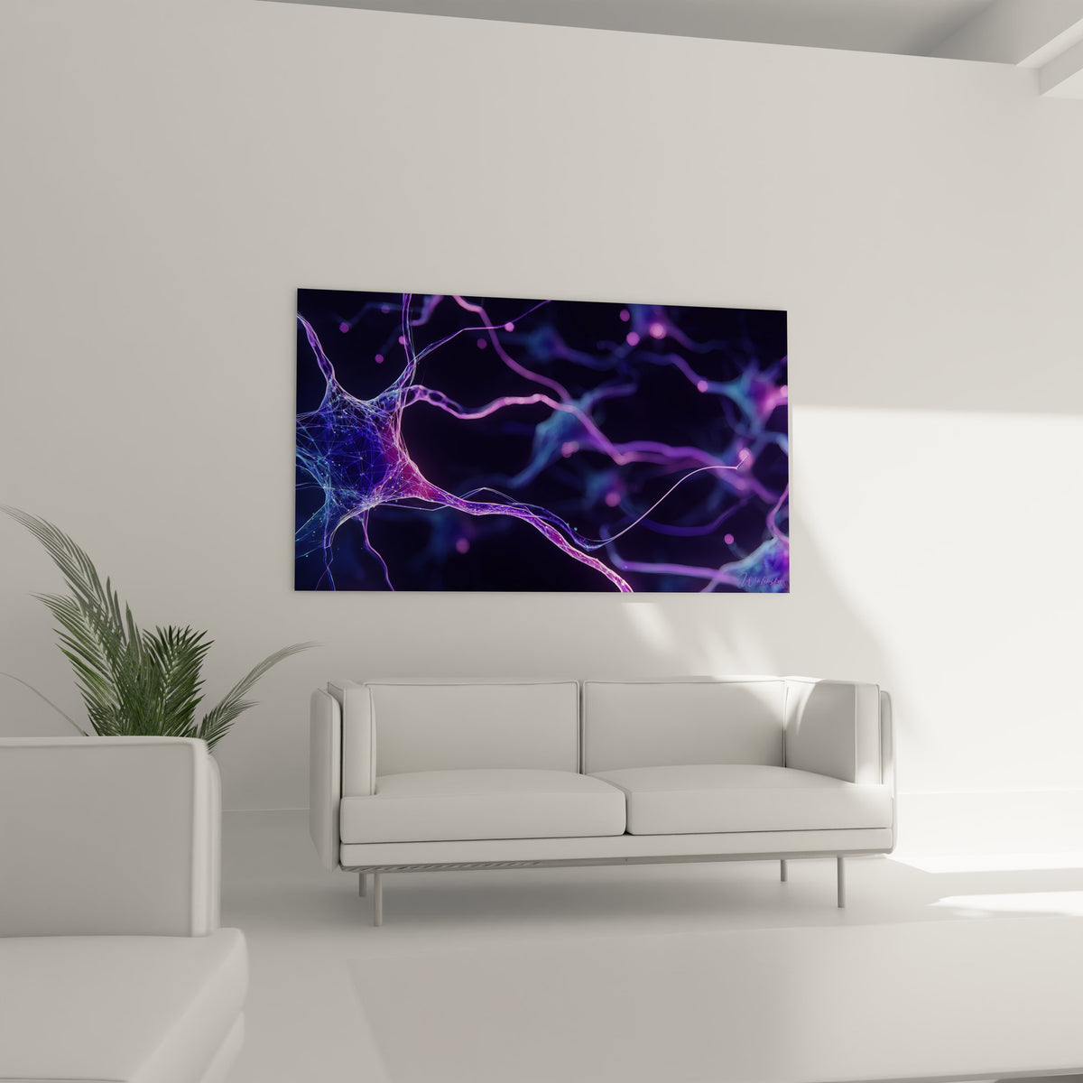 Gros plan détail neurone artistique ramifications violettes connexions électriques lumineuses