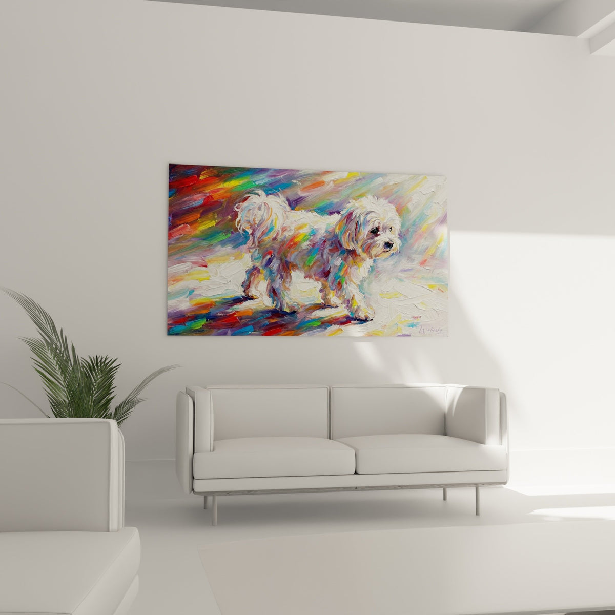 Detail peinture Bichon Maltais blanc touches couleurs rouge bleu jaune vert texture pinceau