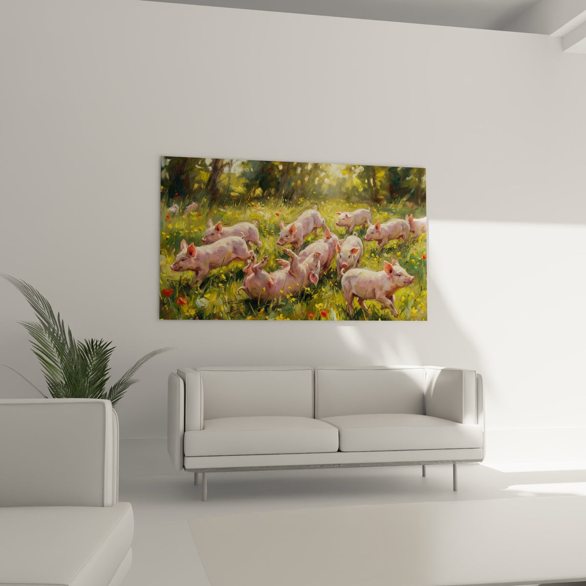 Detail peinture cochons roses herbes folles fleurs sauvages technique impressionniste touches libres colorees