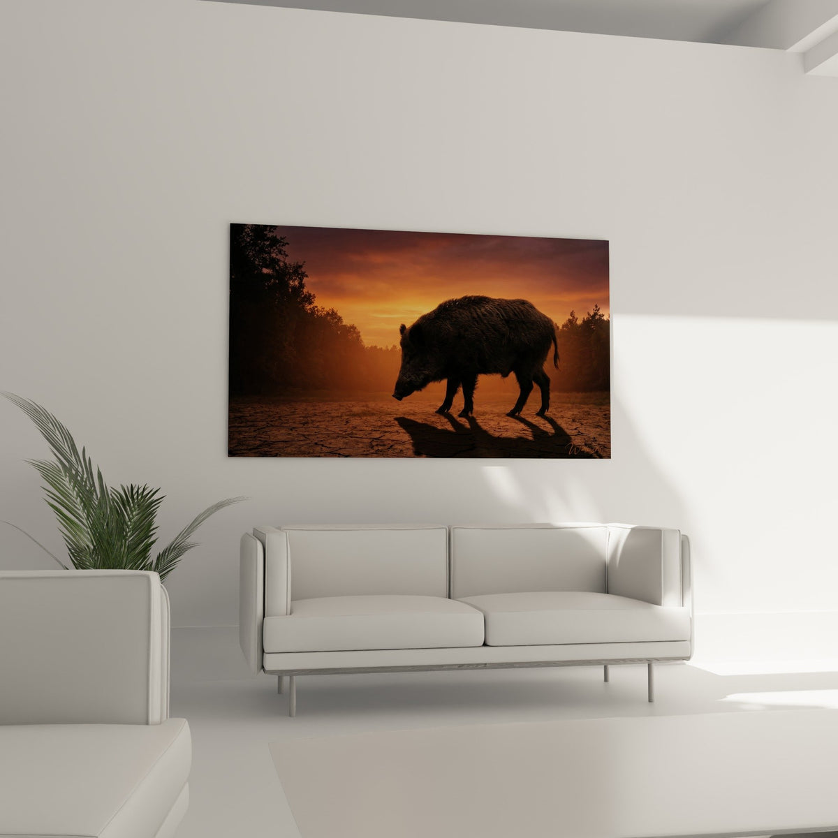 Detail tableau sanglier silhouette sombre reflets dores lumiere couchant