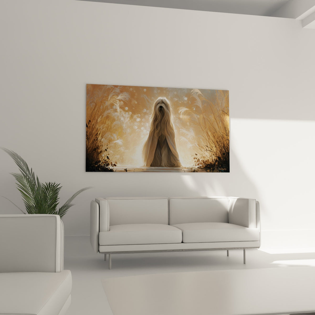 Détail rapproché du tableau Briard montrant les nuances dorées et les effets de lumière sur la fourrure