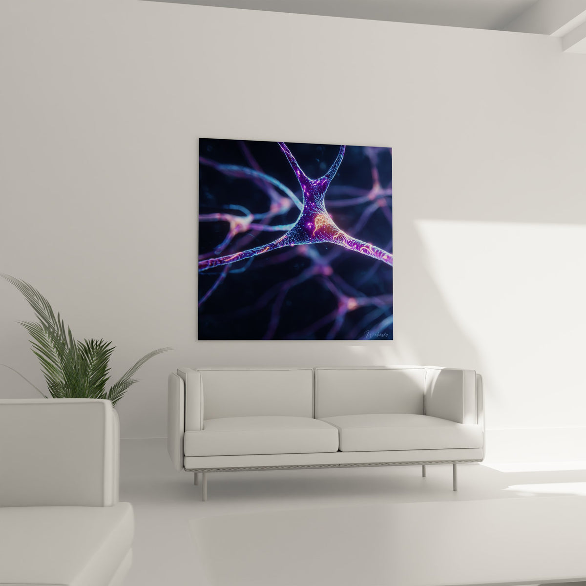 Gros plan neurone électrique lumineux, détails synapse dorée et ramifications violettes artistiques