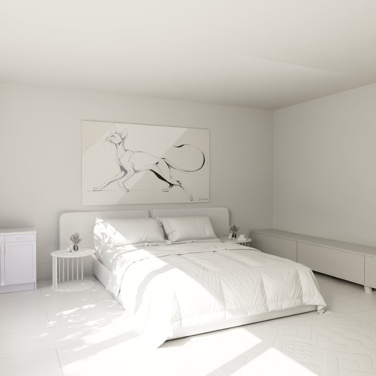 Décoration chambre avec tableau chat en mouvement, style minimaliste noir et beige