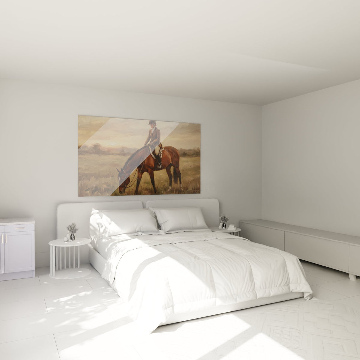 Décoration murale chambre avec tableau équestre cavalière et cheval dans lumière dorée couchant