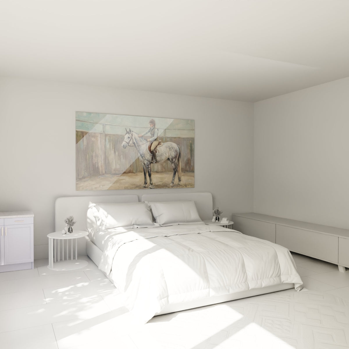 Decoration murale equestre dans chambre avec tableau cavaliere et cheval gris pour ambiance elegante