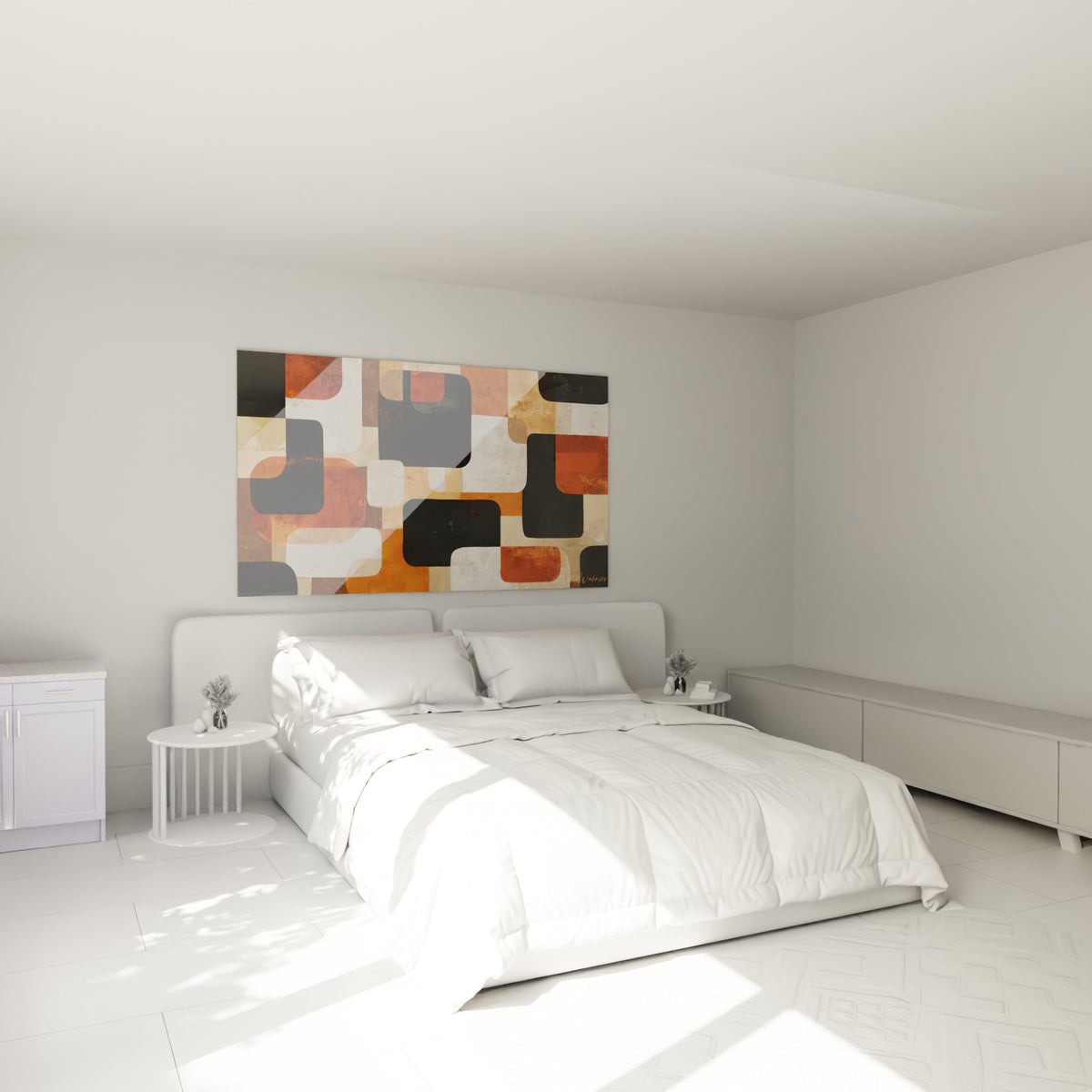 Decoration murale chambre avec tableau formes abstraites tons terres style africain moderne