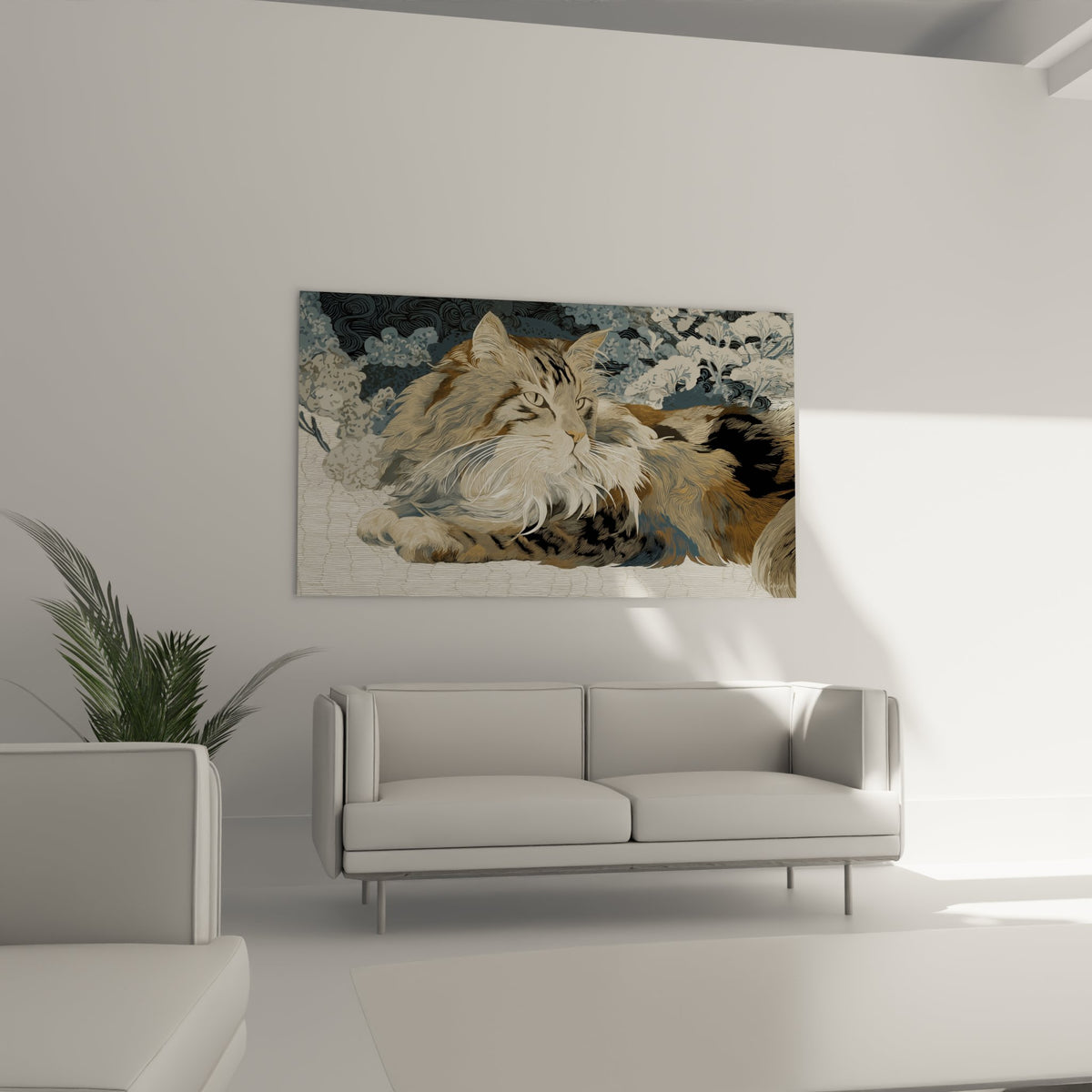 Détail du tableau montrant le pelage soyeux du chat sibérien et les motifs floraux délicats du fond