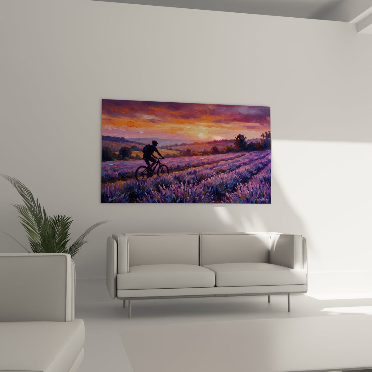 Detail peinture VTT champs lavande texture couleurs violettes cycliste silhouette coucher soleil