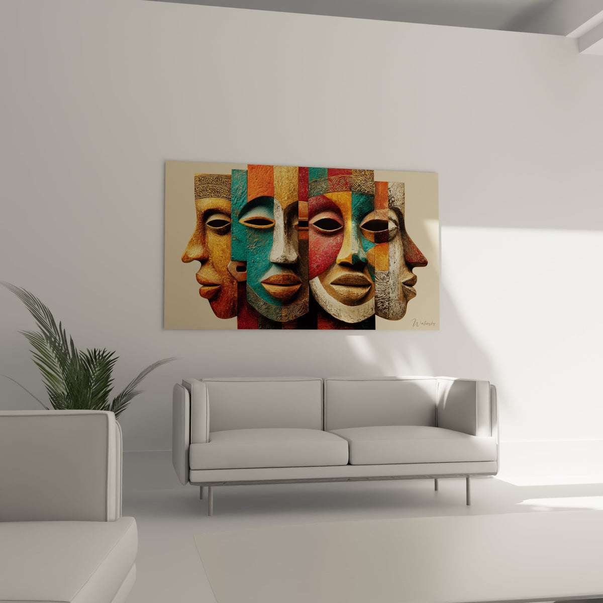 Détail gros plan du tableau masques africains montrant les textures et motifs géométriques colorés