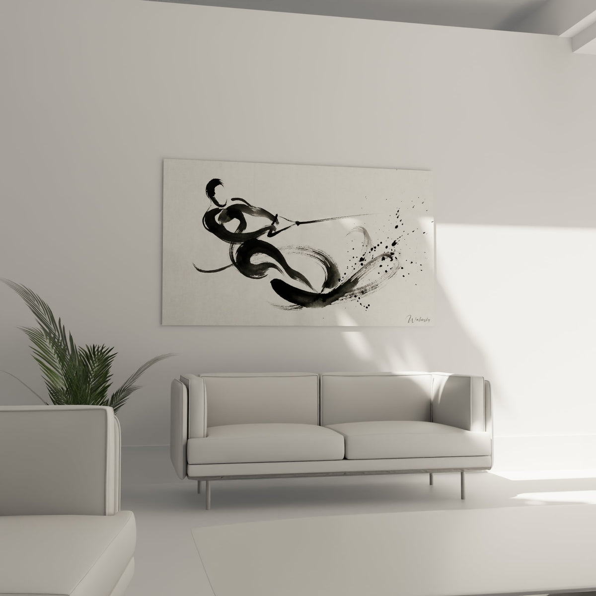 Detail tableau ski nautique abstrait encre noire traits fluides mouvement aquatique art mural sportif
