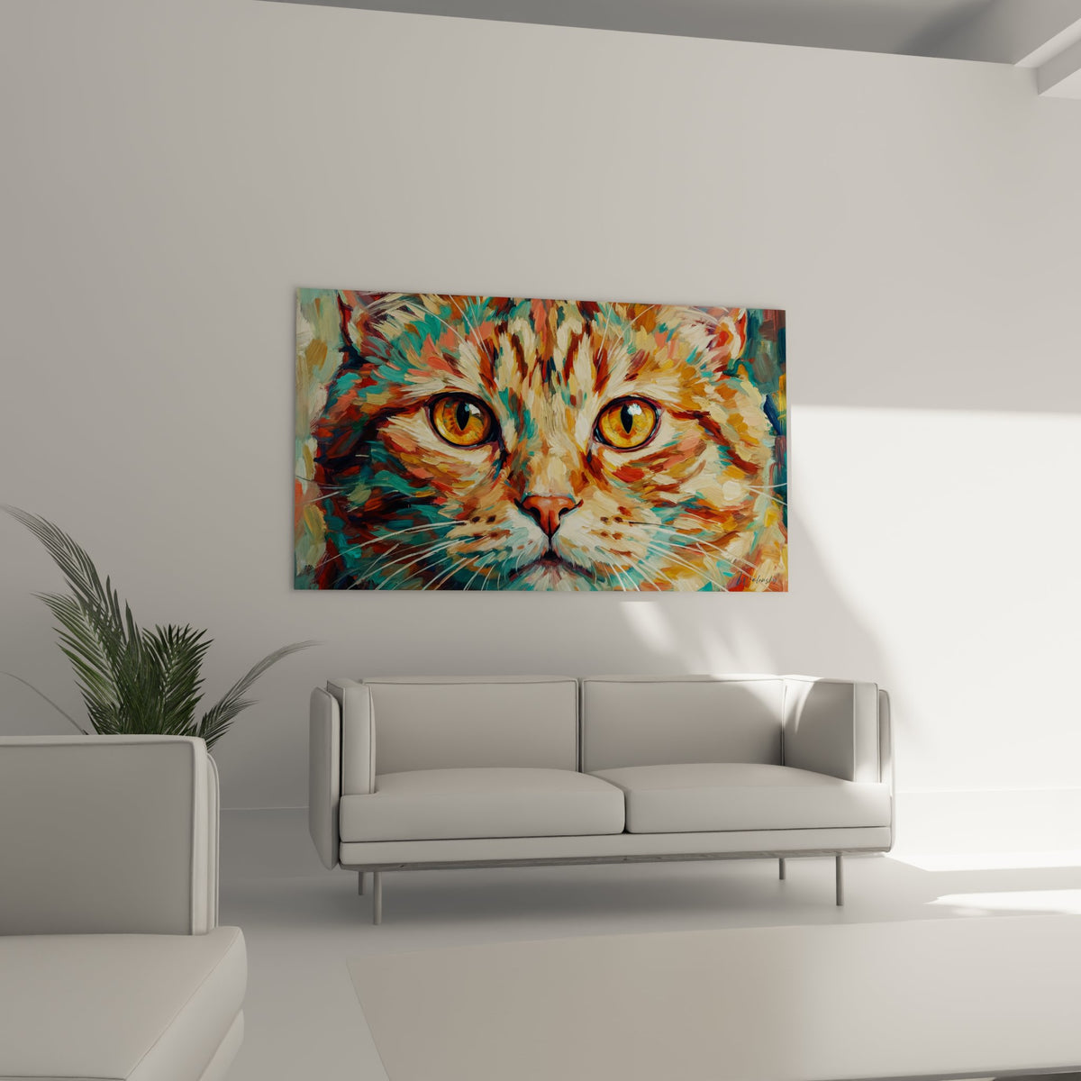 Gros plan sur les yeux dorés du chat peint avec détails artistiques des moustaches et museau