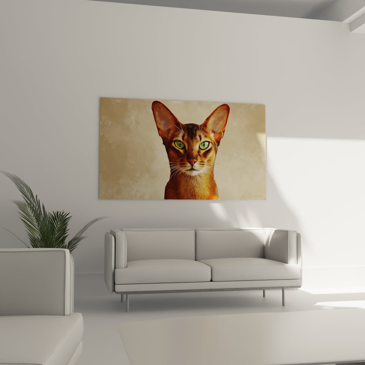 Gros plan du tableau chat Abyssin montrant les détails du regard vert perçant et texture du pelage