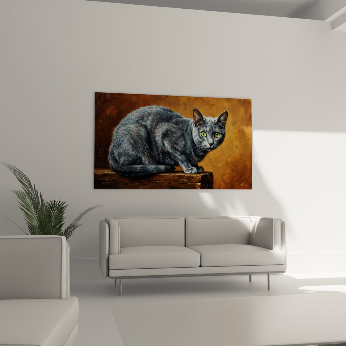 Détail rapproché tableau chat Korat, pelage gris argenté texture réaliste, yeux verts émeraude expressifs