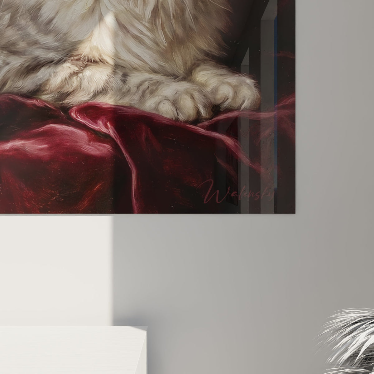 Vue d'ensemble tableau mural chat American Curl noble sur fond decoratif dore et bordeaux