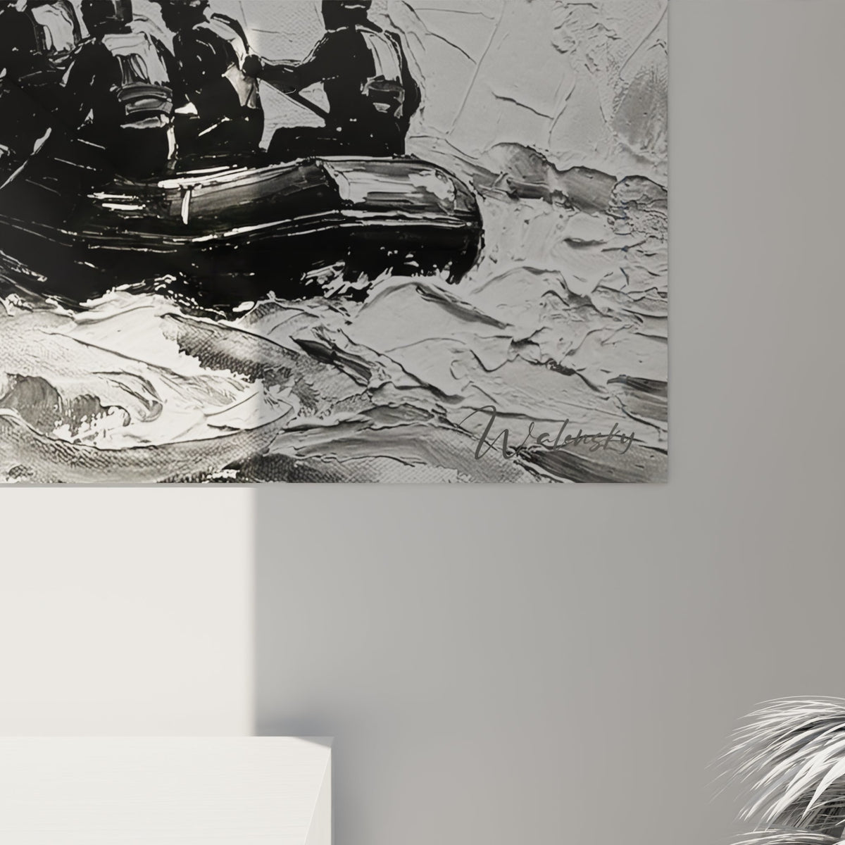 Vue ensemble tableau mural rafting tempête décoration intérieur art nautique noir blanc moderne