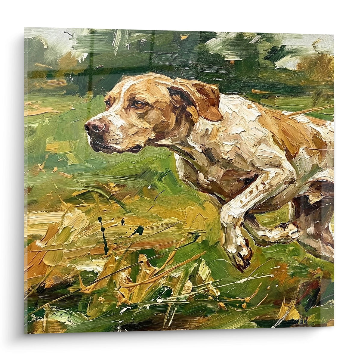 Peinture impressionniste d'un Pointer Anglais roux et blanc allongé dans l'herbe verte, technique empâtement