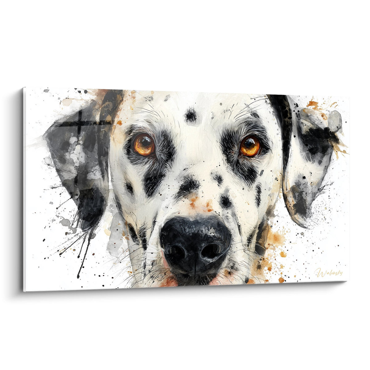 Portrait artistique dalmatien yeux ambrés technique aquarelle moderne éclaboussures colorées