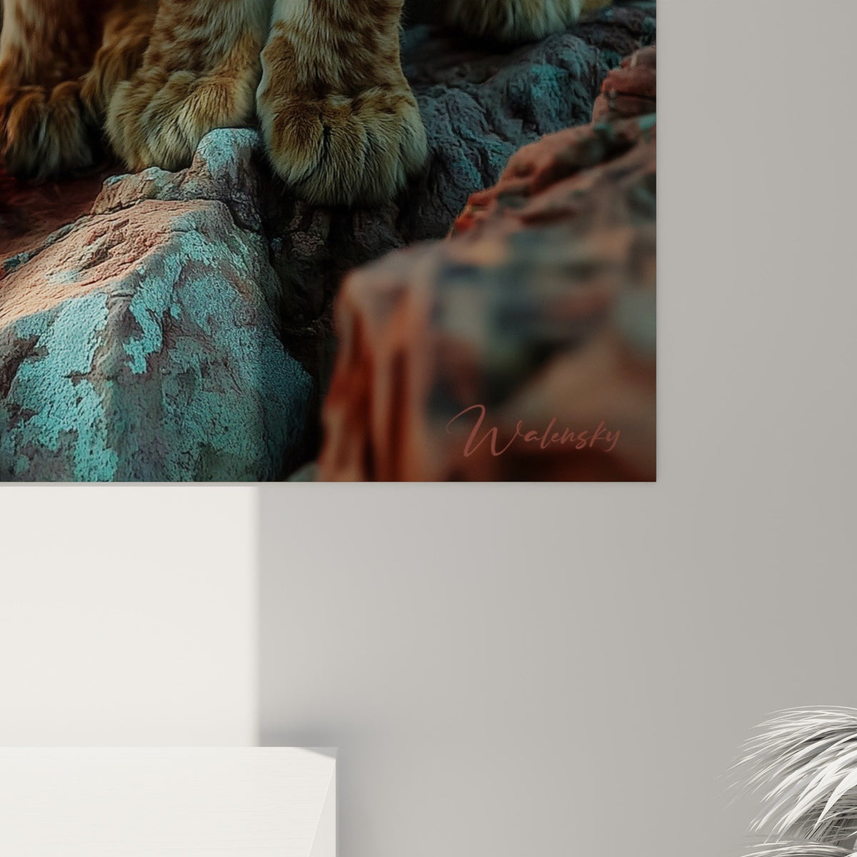Vue ensemble salon cosy tableau lionceaux, harmonie couleurs chaudes, ambiance africaine contemporaine apaisante