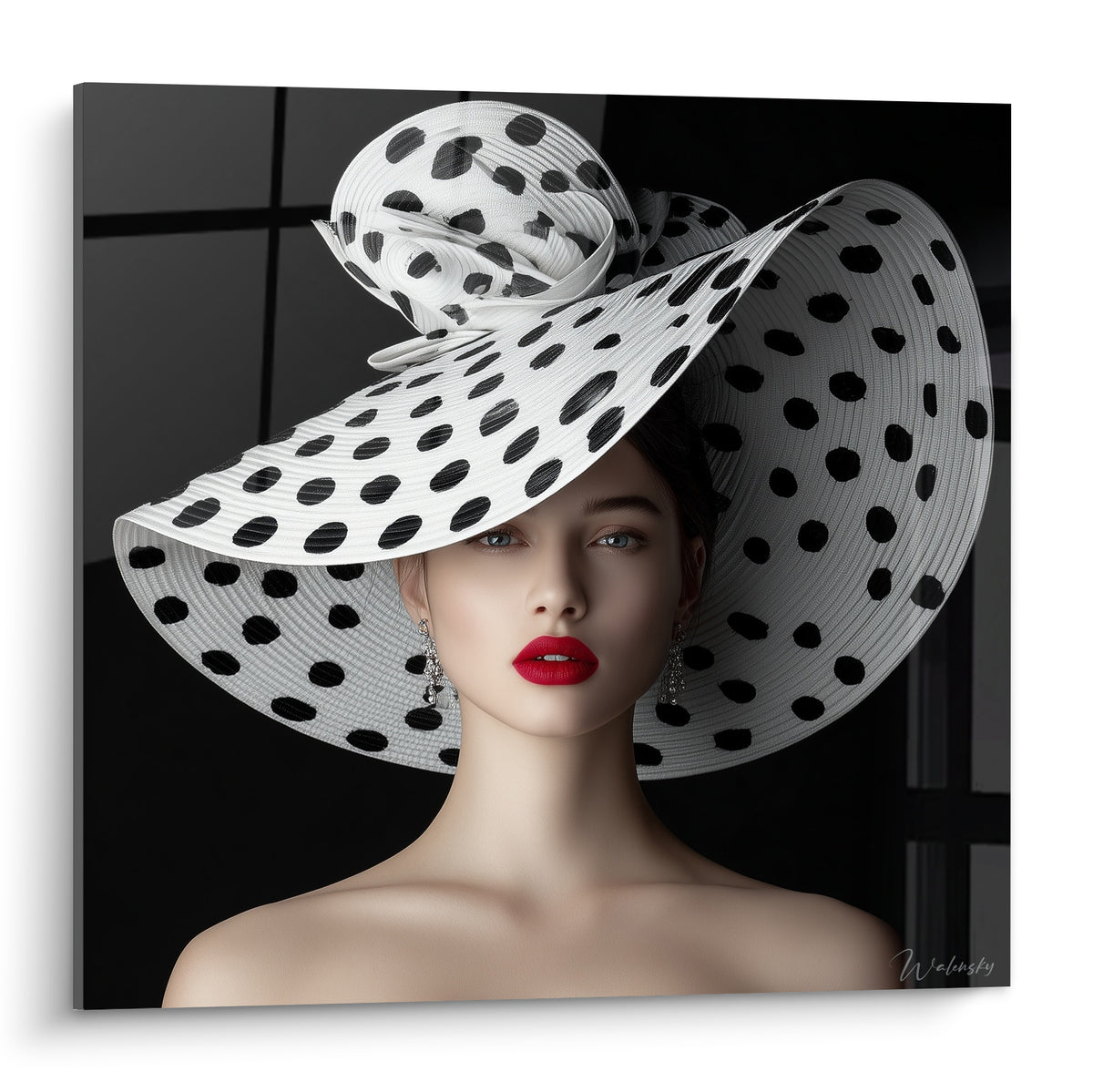 Portrait féminin coiffé d'un chapeau blanc à pois noirs, lèvres rouges, fond noir graphique