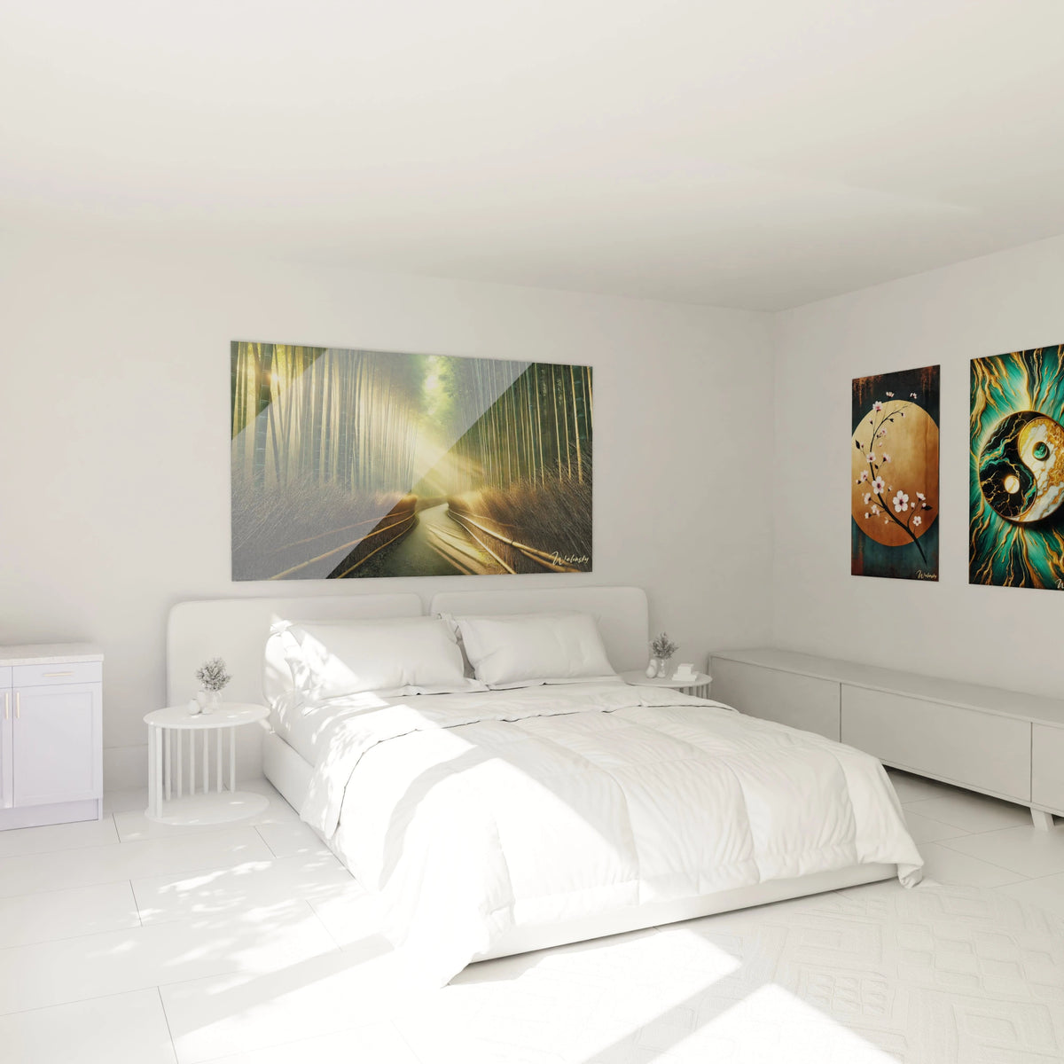 Tableau en verre acrylique zen et méditation, accroché au-dessus d'un lit dans une chambre paisible, créant une ambiance de sérénité et de détente."
