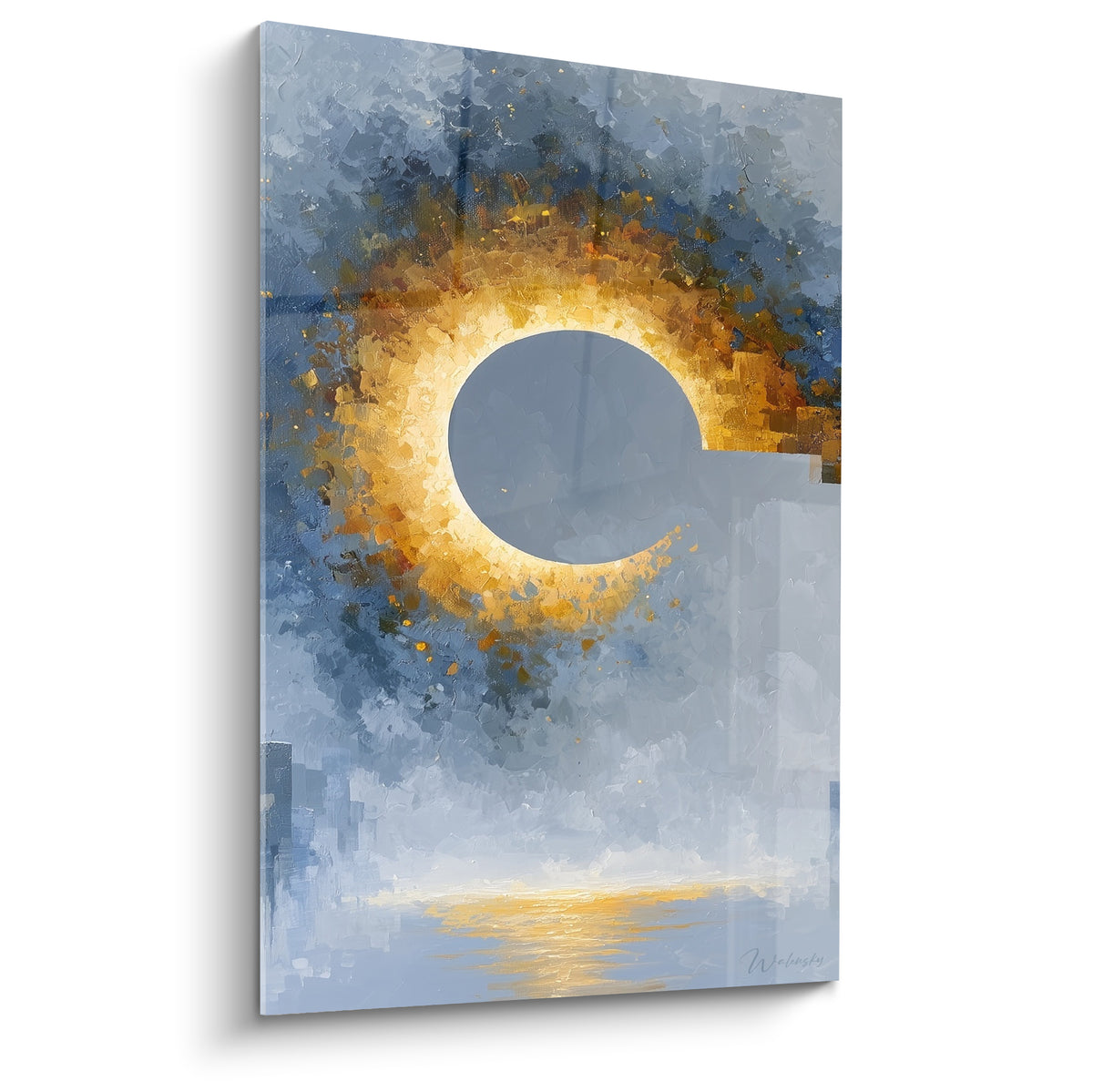 Éclipse dorée architecture abstraite en plein cadre, cercle bleu ardoise cerné de flammes ocre