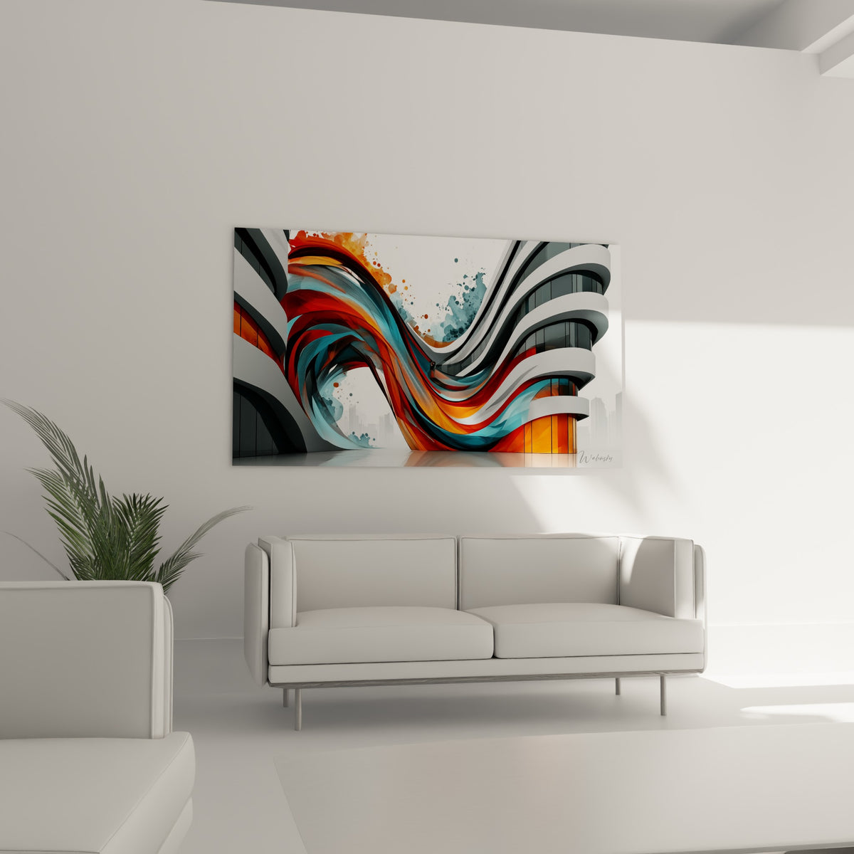 Vagues colorées rouge et turquoise sur structure urbaine grise, accrochée au-dessus d'un canapé dans un salon lumineux