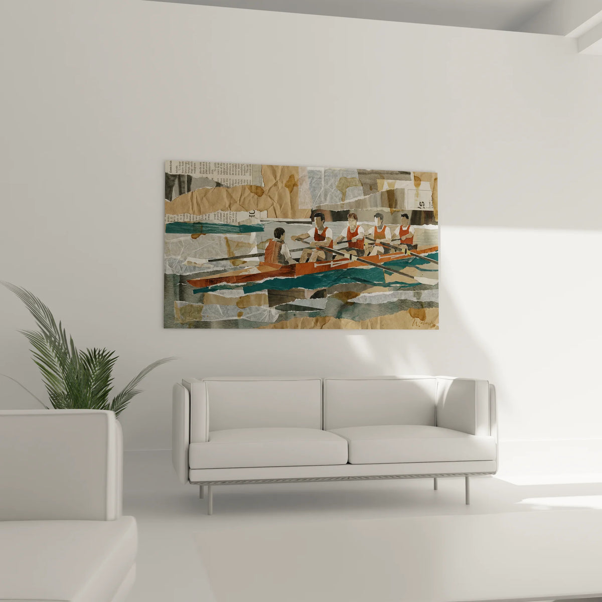 Gros plan tableau aviron technique collage, détails rameurs maillots rouge et blanc
