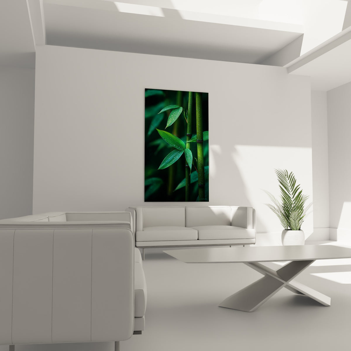 Tiges de bambou vert et noir ornées de rosée fine au-dessus d'un canapé dans un salon lumineux